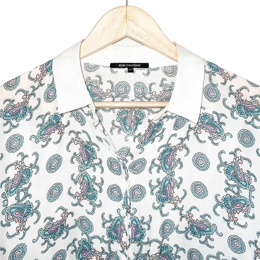 𝅺Kobi Halperin Paisley Collared Silk Poncho Blouse Ivory Multi - Picture 4 of 5